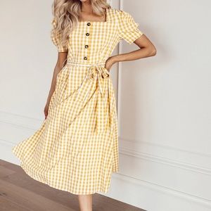 Size 12/14 Yellow Gingham Midi Dress Puff Sleeves